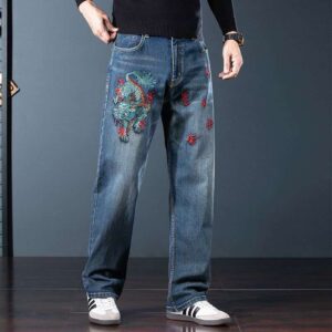Embroidery design blue ocean color loose fitting denim